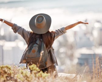 Woman Tourist Hiking Travel Freedom City Adventure Backpacking Journey Mountain Nature Female Hiker With Open Arms Enjoying Fresh Air Trekking Scenery Urban Town